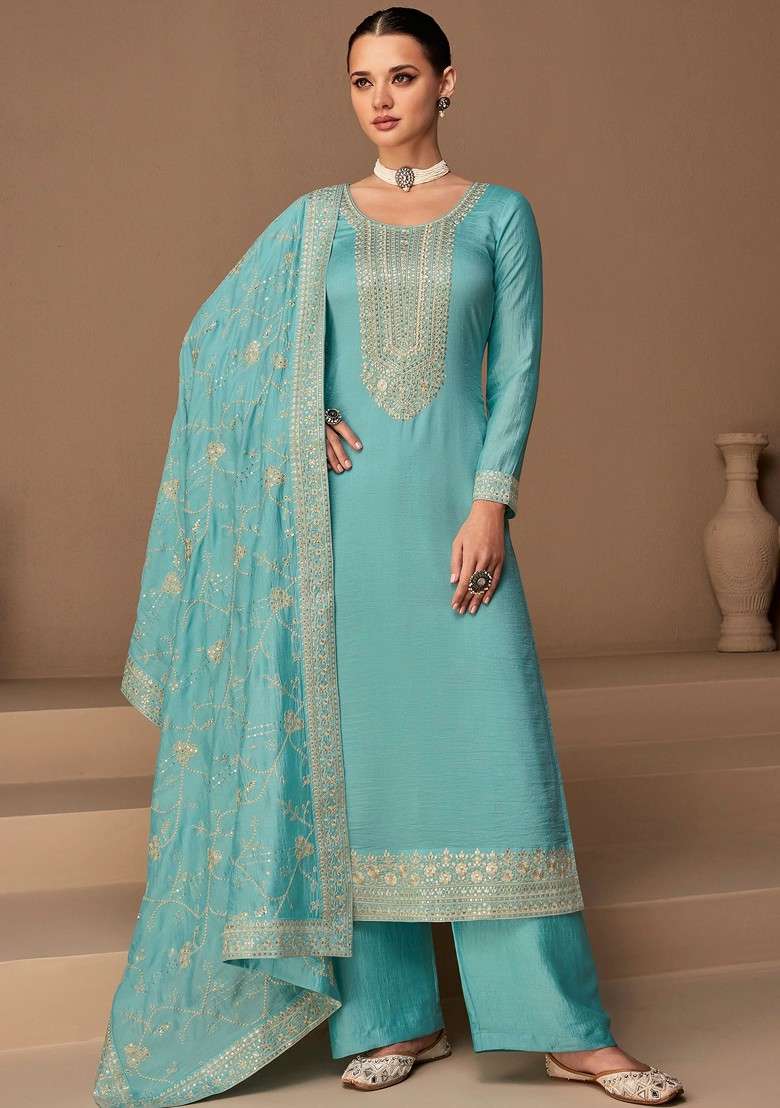 Blue Embroidered Silk Blend Pakistani Suit Set - Indya