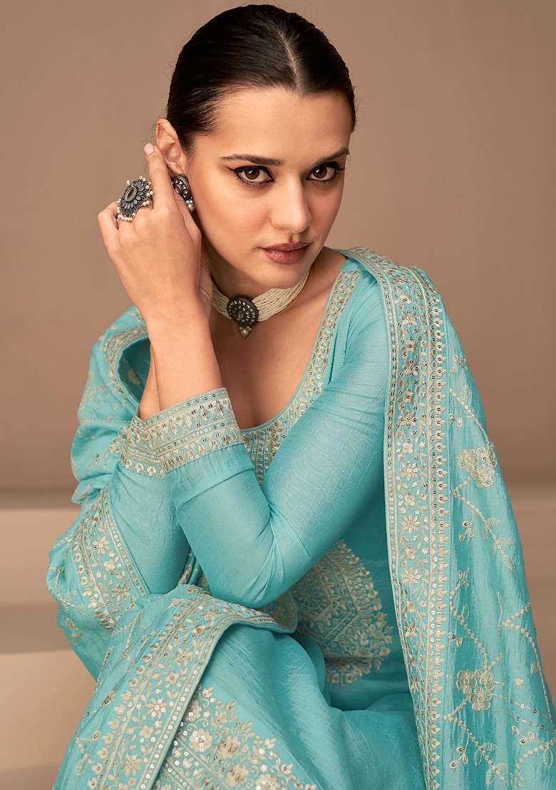 Blue Embroidered Silk Blend Pakistani Suit Set - Indya