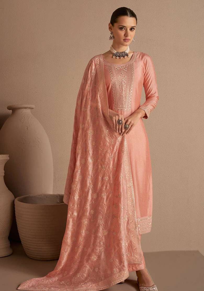 Peach Embroidered Silk Blend Straight Kurta Set - Indya