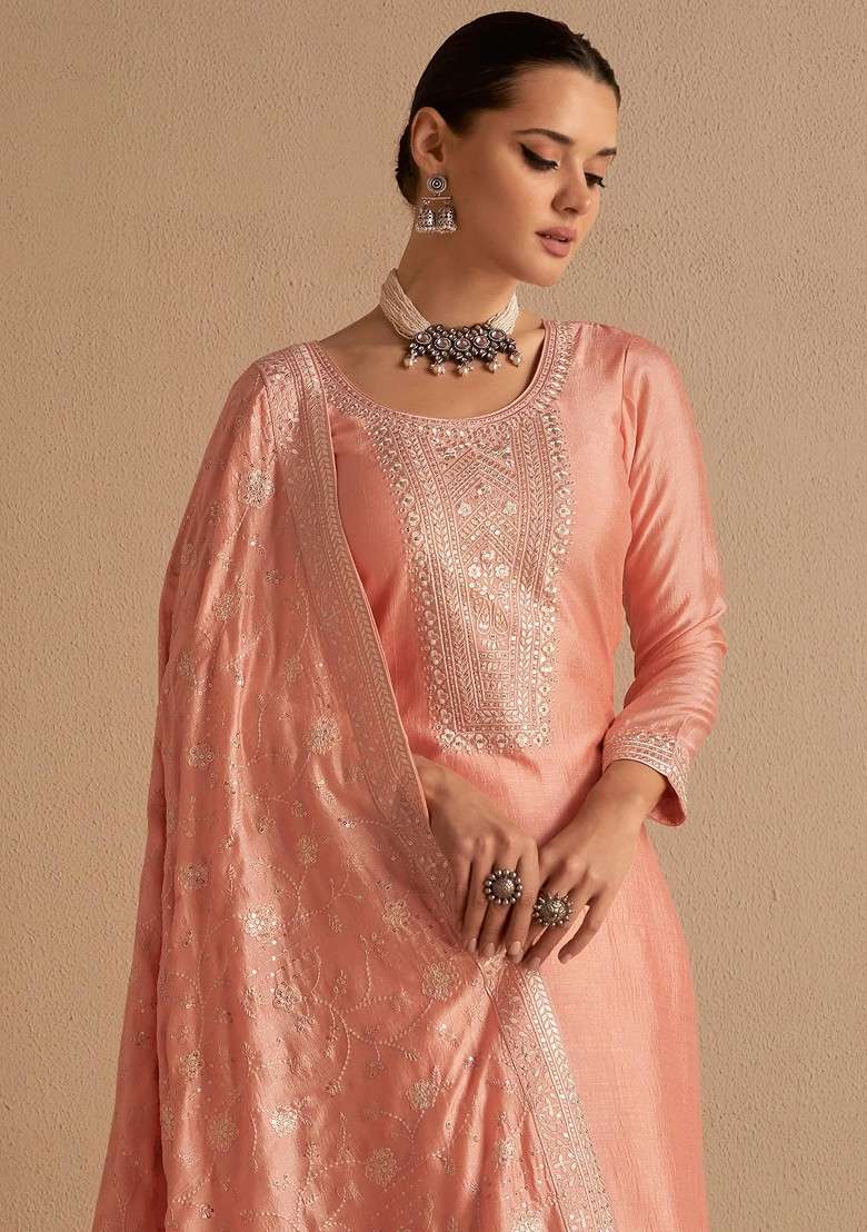 Peach Embroidered Silk Blend Straight Kurta Set - Indya