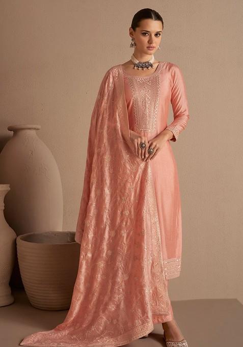 Peach Embroidered Silk Kurta Set