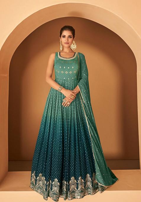 Teal Green Embroidered Georgette Anarkali Set