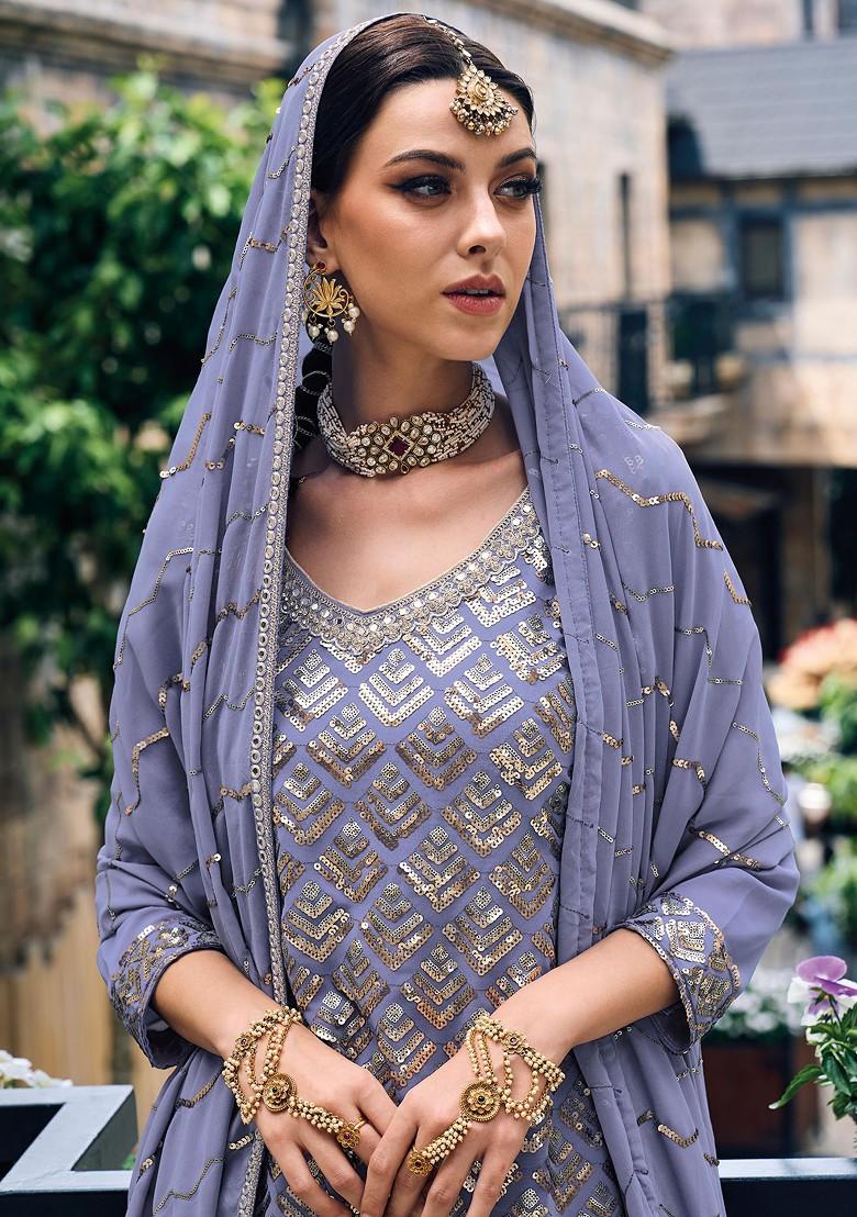 Blue Embroidered Georgette Kurta Set - Indya