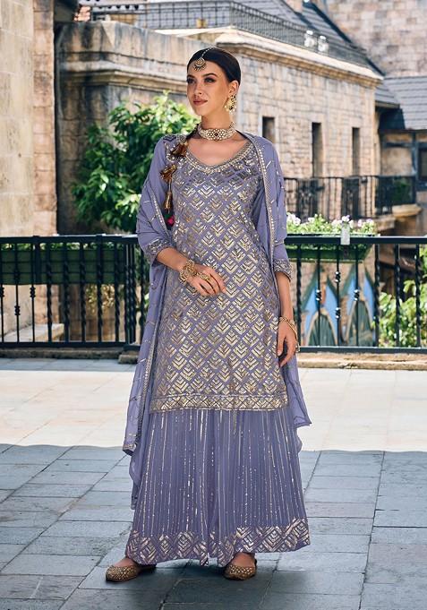 Blue Embroidered Georgette Kurta Set