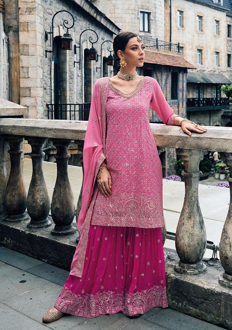 Pink Embroidered Georgette Pakistani Suit Set - Indya