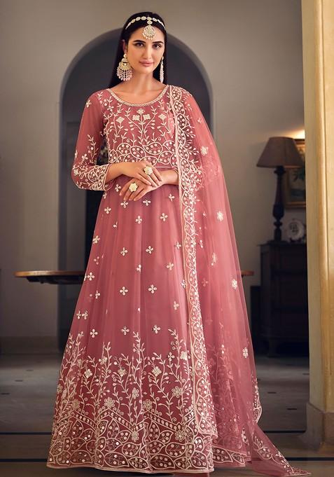 Dusty Pink Embroidered Net Anarkali Set