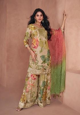 Beige Embroidered Chinon Silk Kurta Set