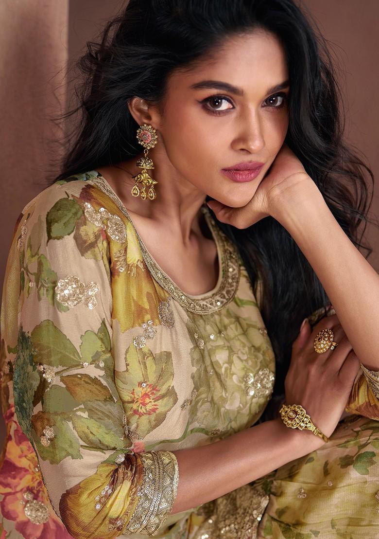 Beige Embroidered Chinon Silk Kurta Set