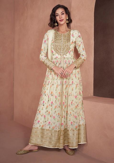 Off White Embroidered Georgette Anarkali Set