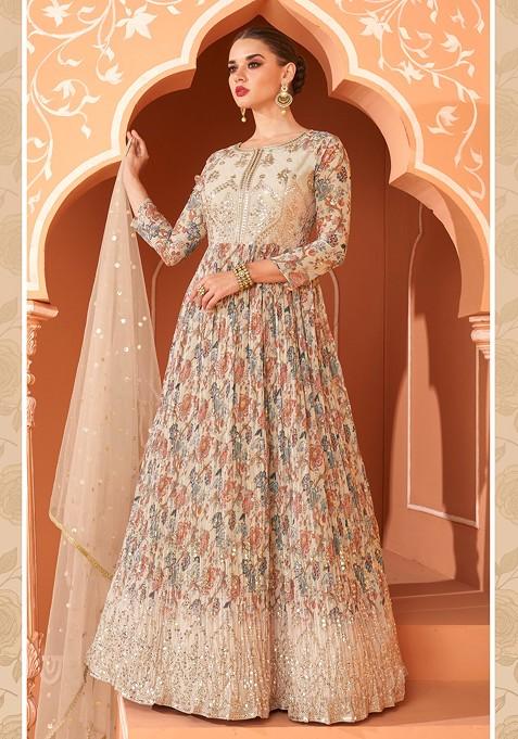 Beige Embroidered Georgette Anarkali Set