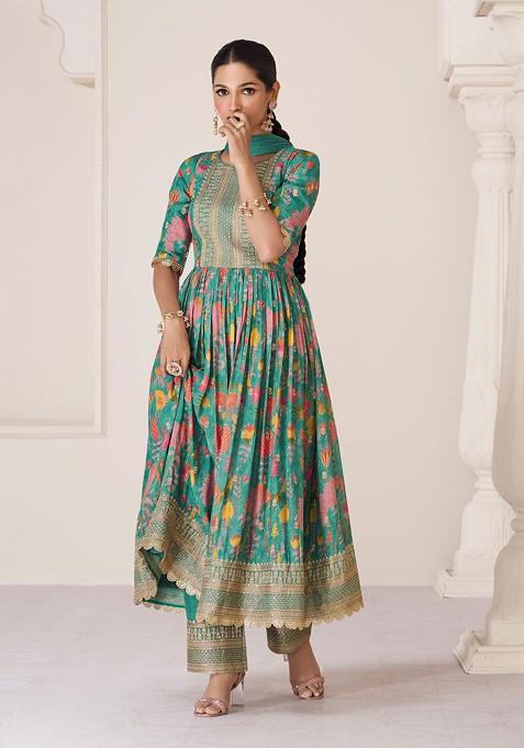 Teal Green Embroidered Organza Silk Anarkali Set