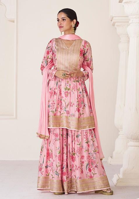 Pink Embroidered Organza Silk Anarkali Set