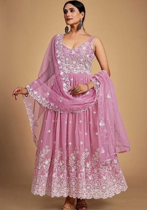 Pink Thread Embroidered Georgette Anarkali Set