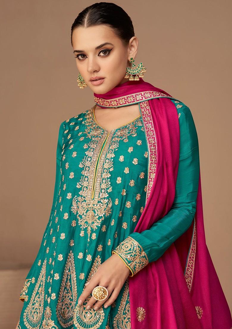 Green Embroidered Chinon Silk Anarkali Set