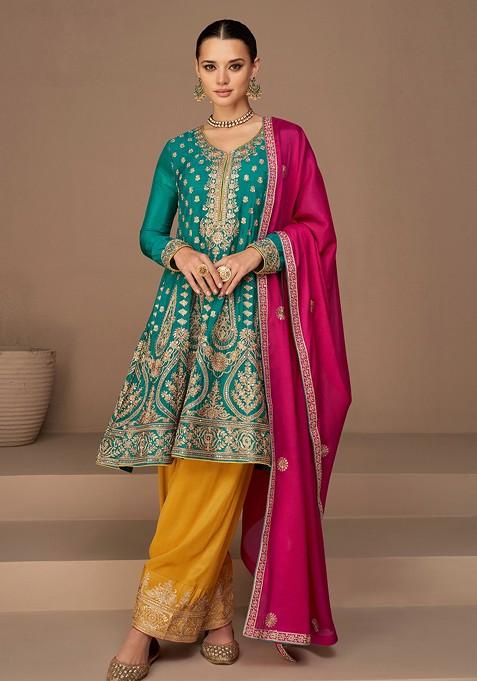 Green Embroidered Chinon Silk Anarkali Set