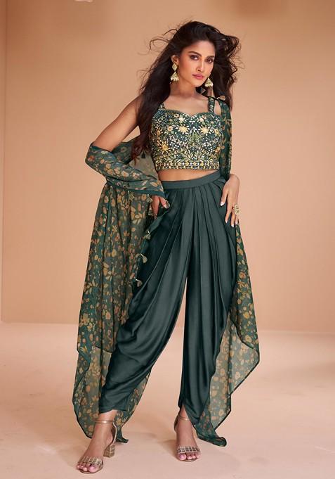 Teal Green Embroidered Satin Silk Kurta Set