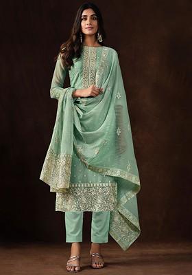 Turquoise Embroidered Organza Kurta Set