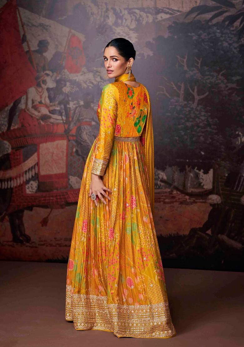 Mustard Embroidered Chinon Anarkali Set