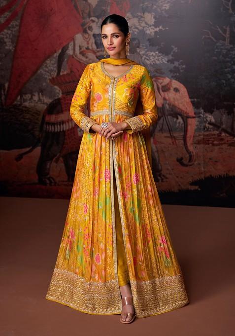 Mustard Embroidered Chinon Anarkali Set