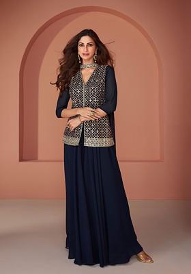 Blue Embroidered Georgette Kurta Set