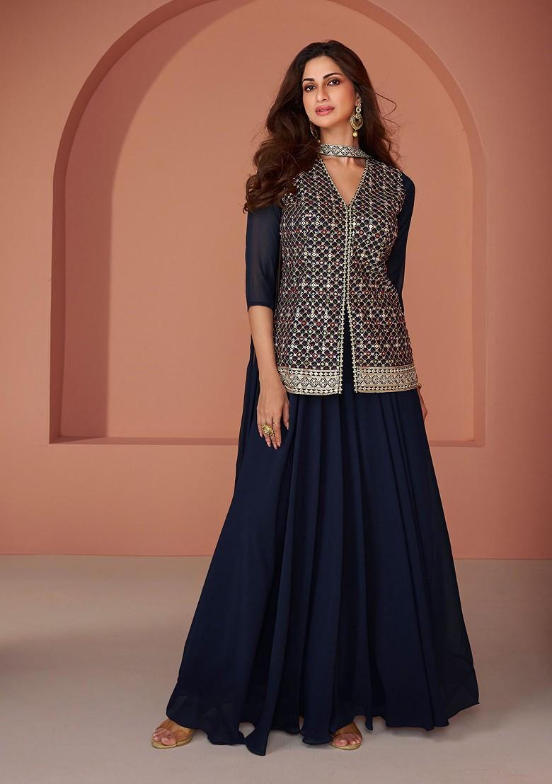 Blue Embroidered Georgette Kurta Set - Indya