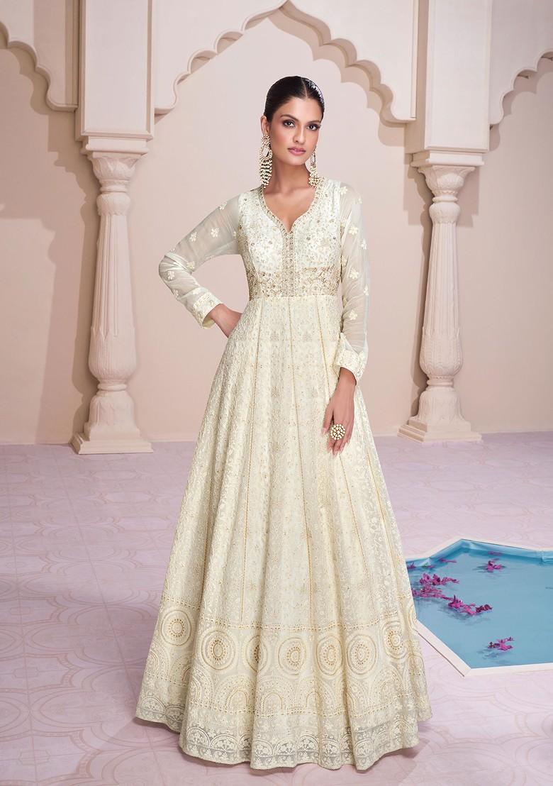 Off White Embroidered Georgette Anarkali Gown