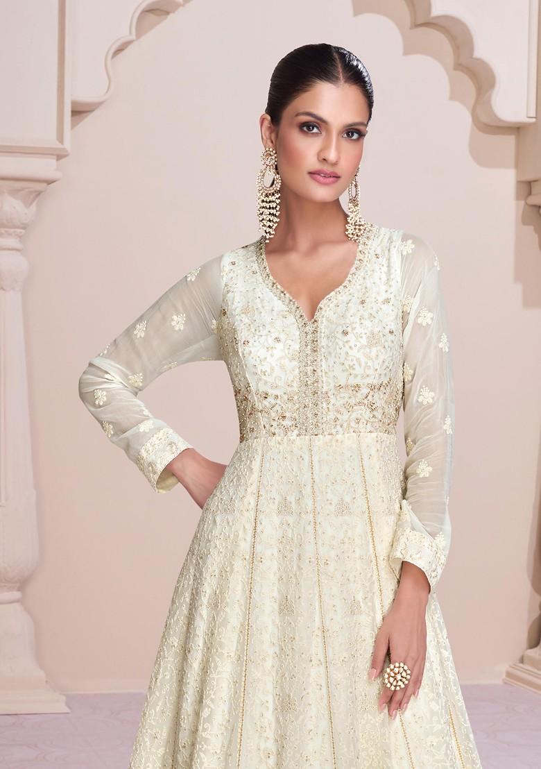 Off White Embroidered Georgette Anarkali Gown