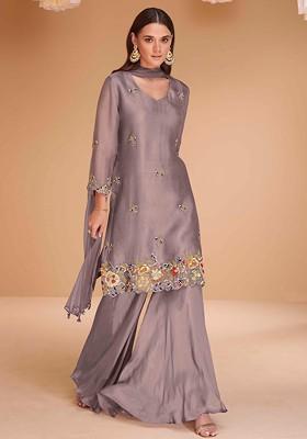 Purple Hand Embroidered Organza Silk Kurta Set
