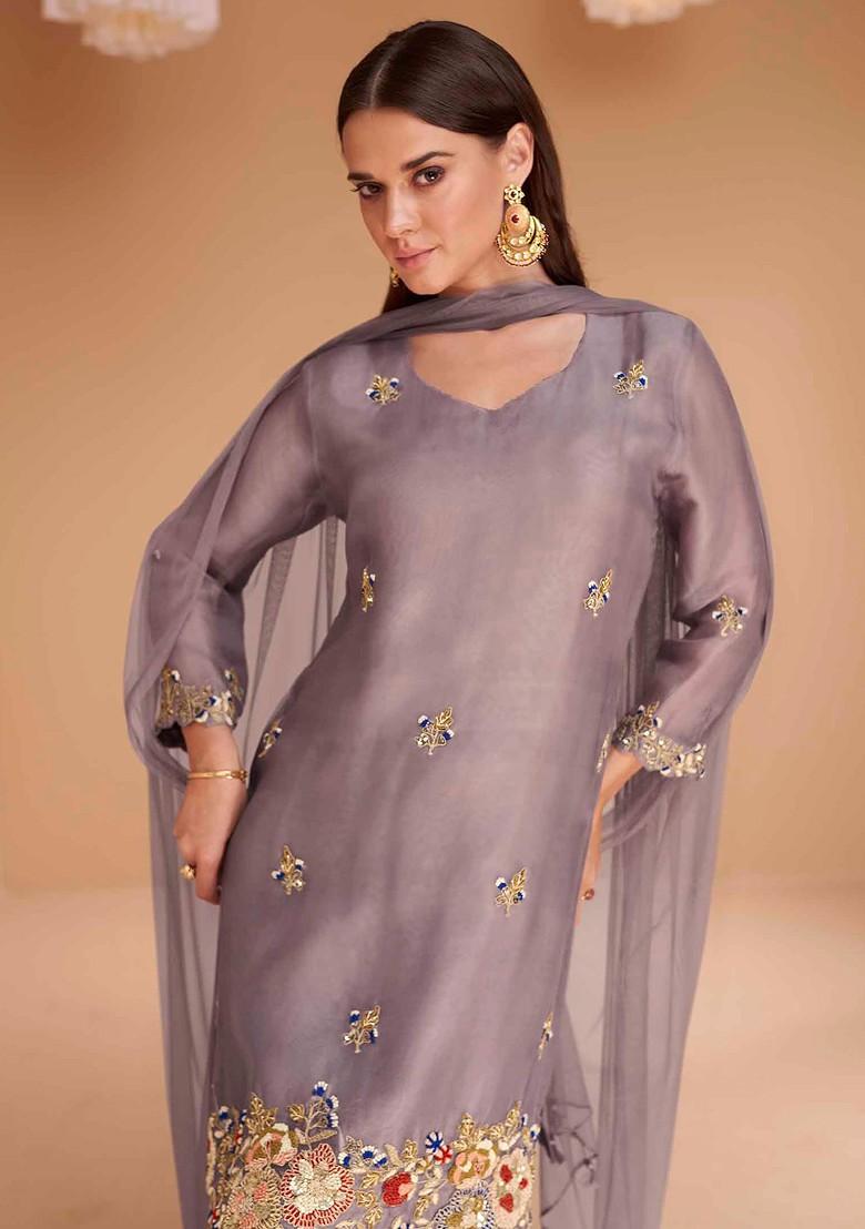 Purple Hand Embroidered Organza Silk Kurta Set