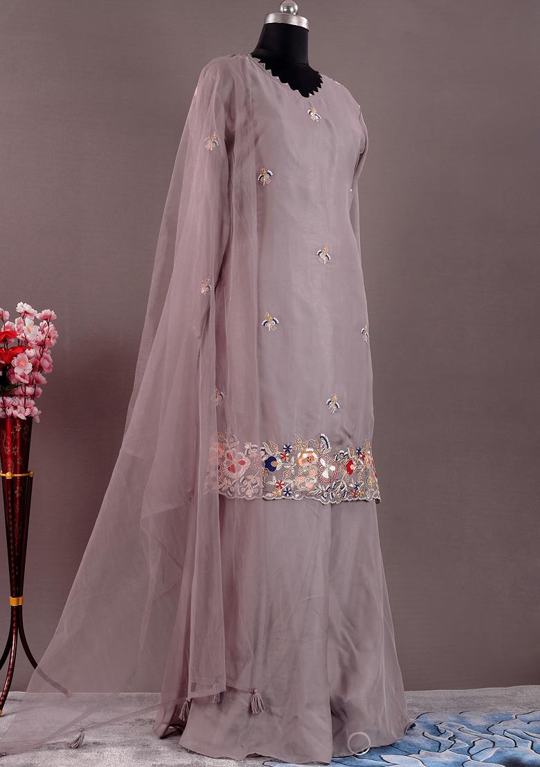 Purple Hand Embroidered Organza Silk Kurta Set