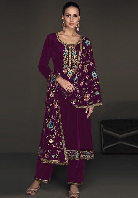 Purple Embroidered Velvet Kurta Set