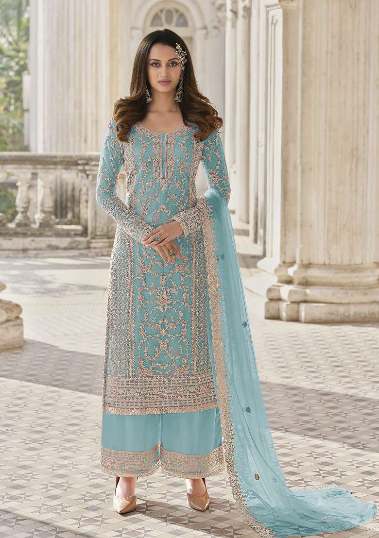 Blue Embroidered Organza Pakistani Suit Set - Indya