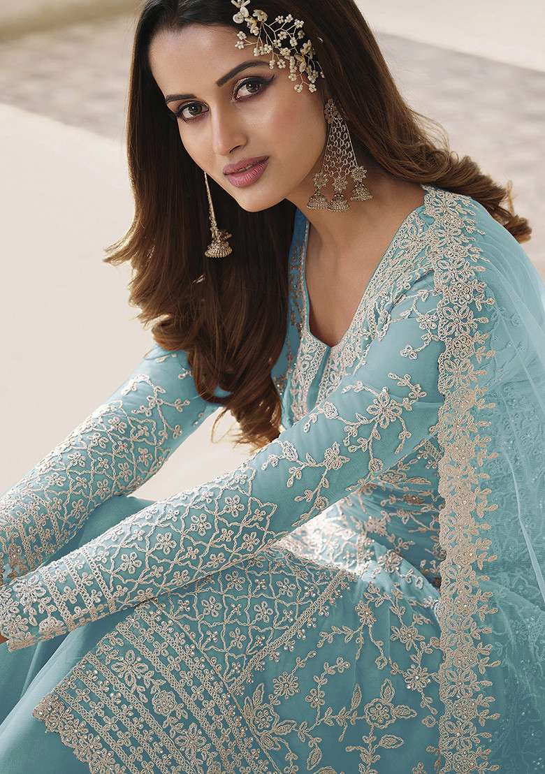 Blue Embroidered Organza Pakistani Suit Set - Indya