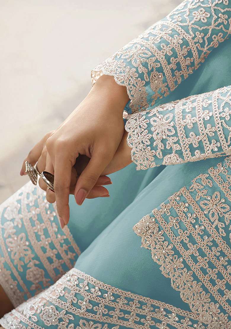 Blue Embroidered Organza Pakistani Suit Set - Indya