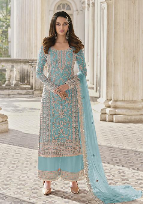 Lavender Zari Embroidered Organza Kurta Set