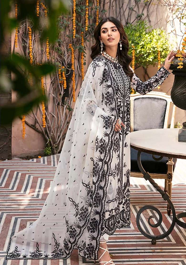 White Embroidered Organza Kurta Set - Indya