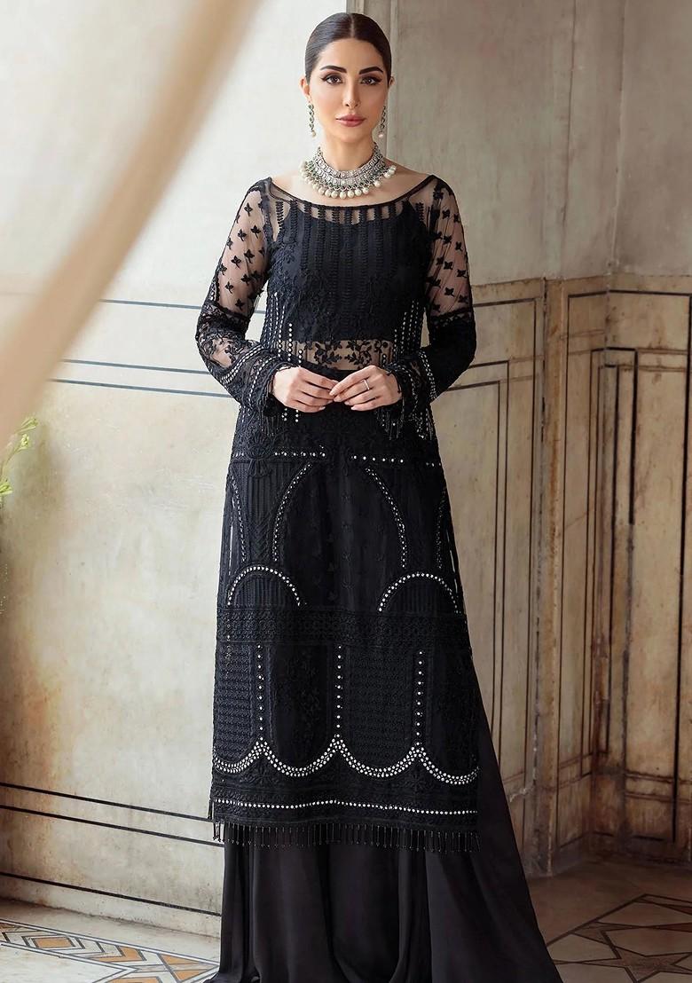 Buy Women Black Embroidered Net Kurta Set XKS00939 Kurta Sets