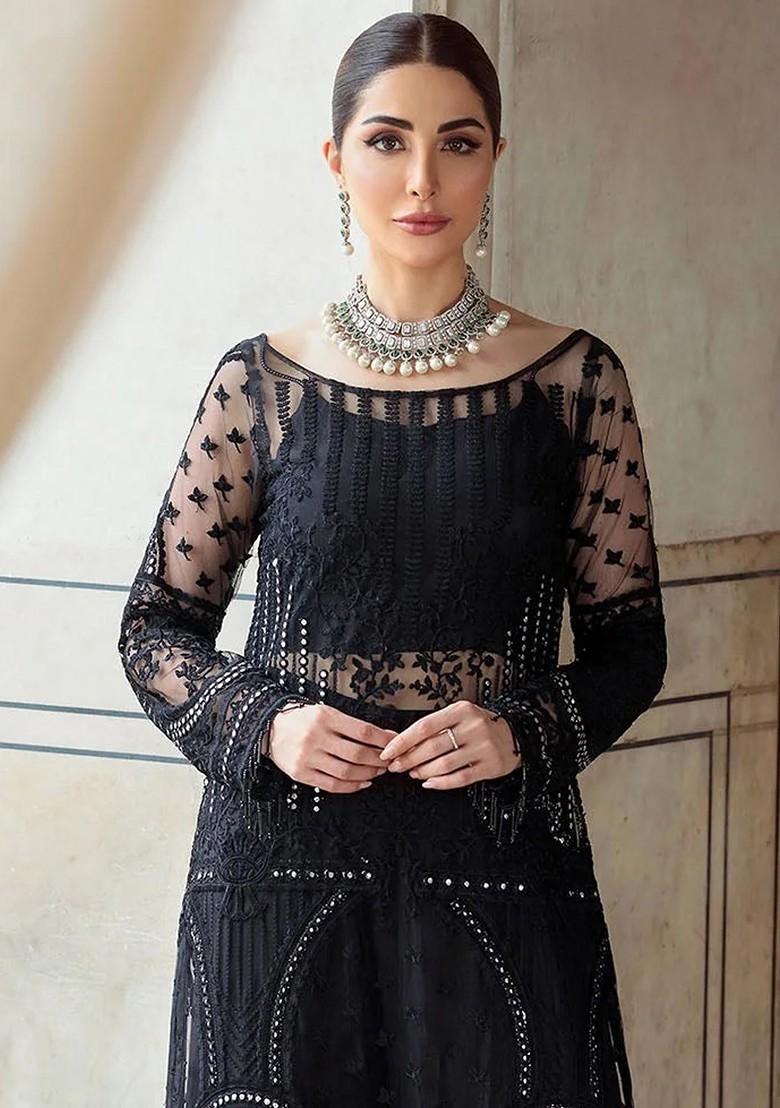 Black Embroidered Net Kurta Set - Indya