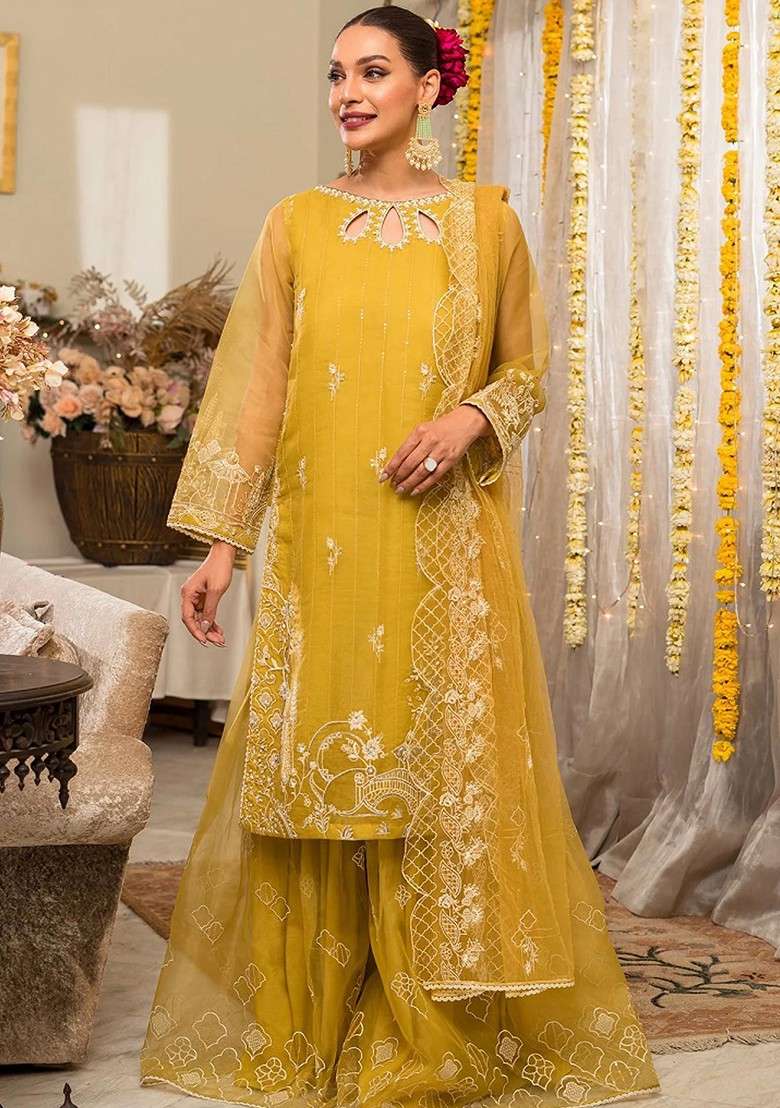Yellow Embroidered Organza Sharara Set - Indya