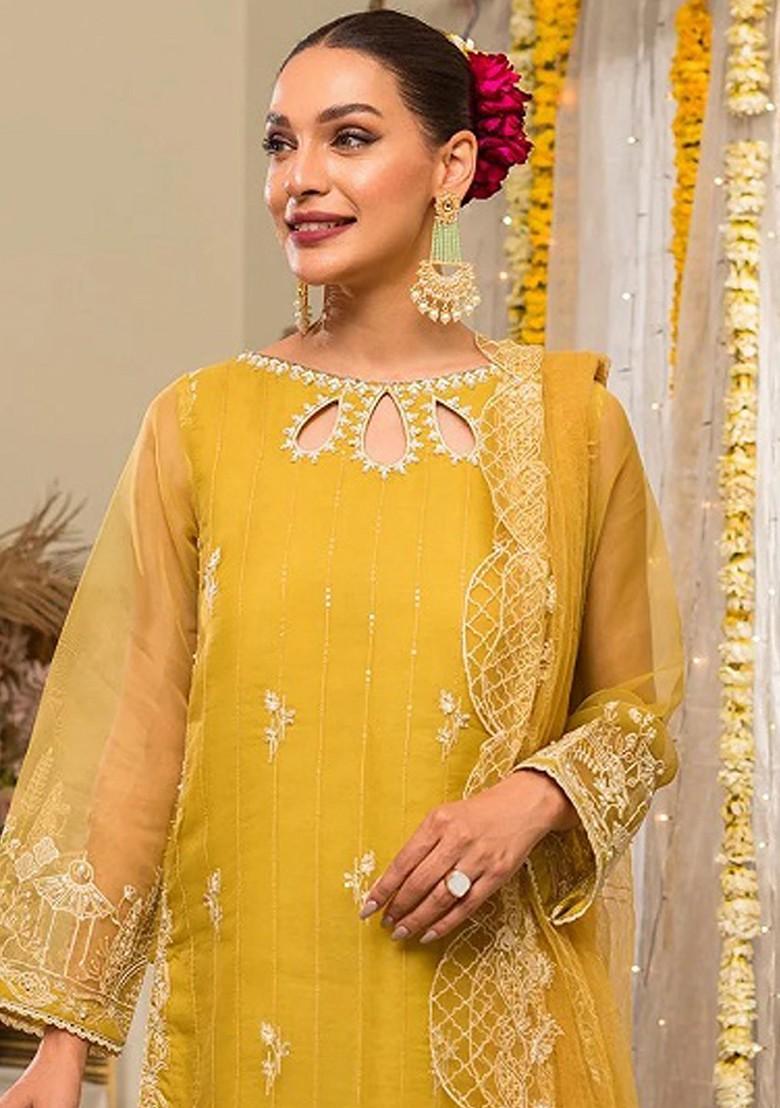 Yellow Embroidered Organza Kurta Set