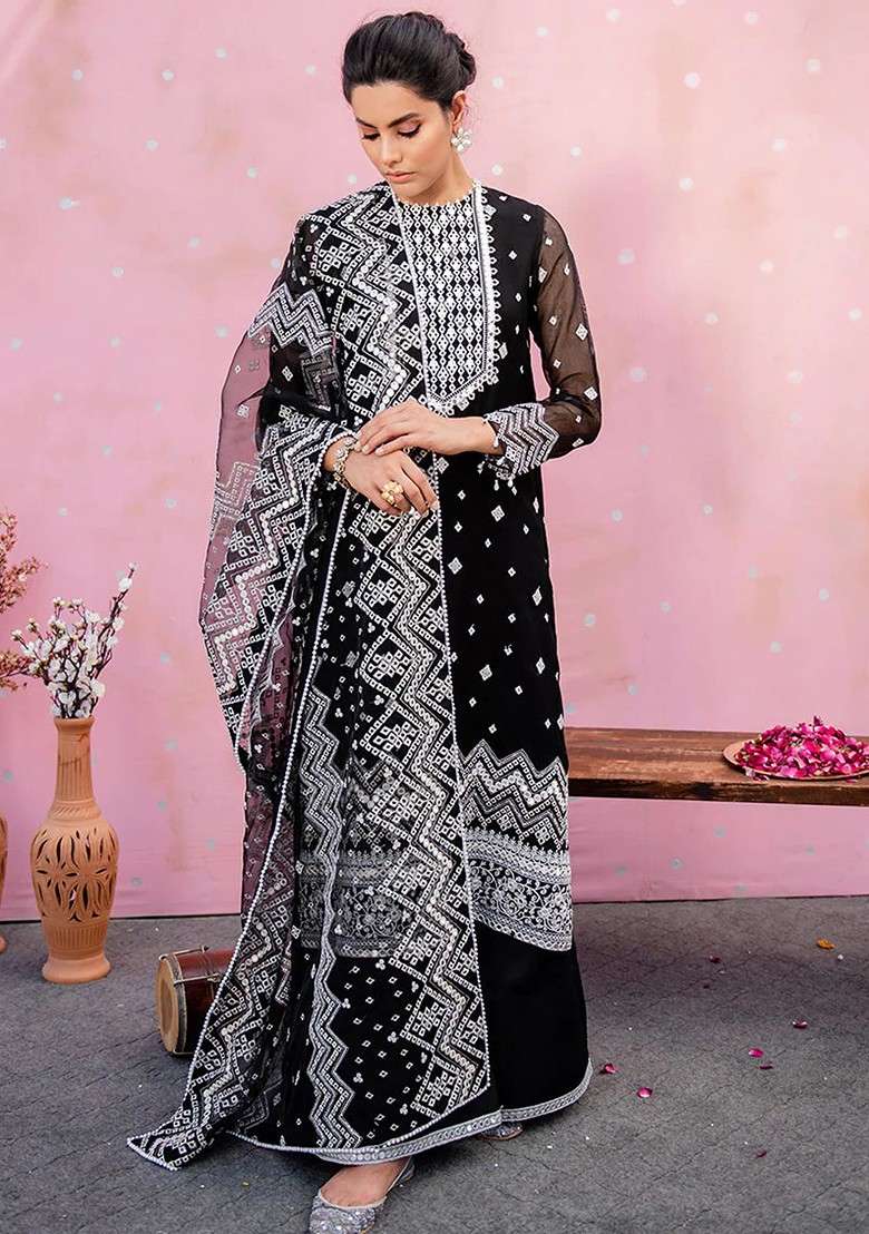 Black Embroidered Organza Straight Kurta Set - Indya