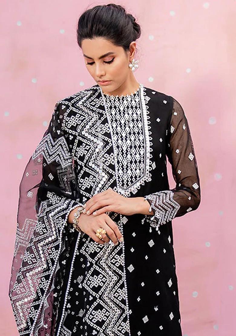 Black Embroidered Organza Kurta Set - Indya