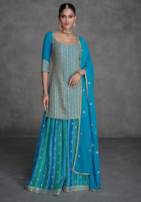 Blue Embroidered Georgette Kurta Set