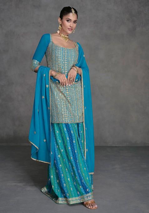 Women Blue Fox Georgette Kurta Set With Pant And Duppata Set
