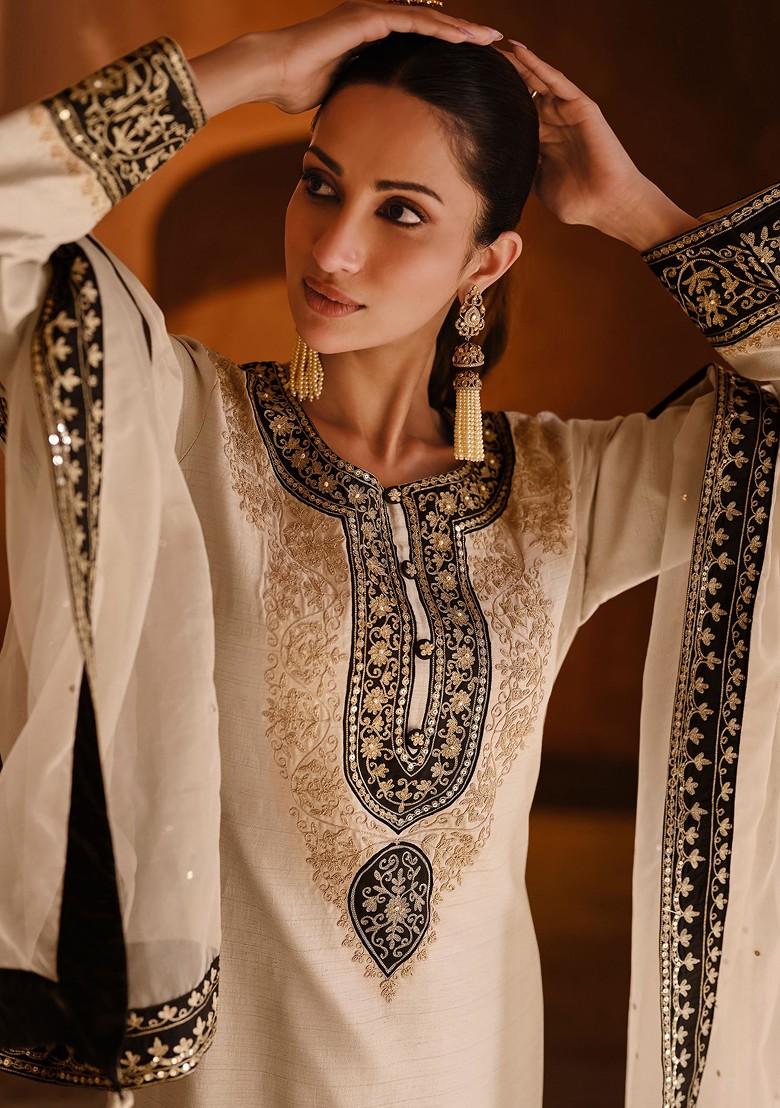Off White Embroidered Silk Kurta Set