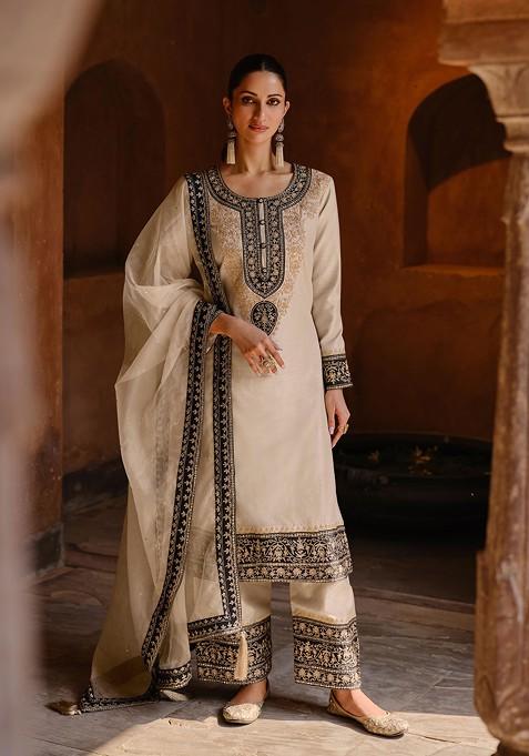 Off White Embroidered Silk Kurta Set