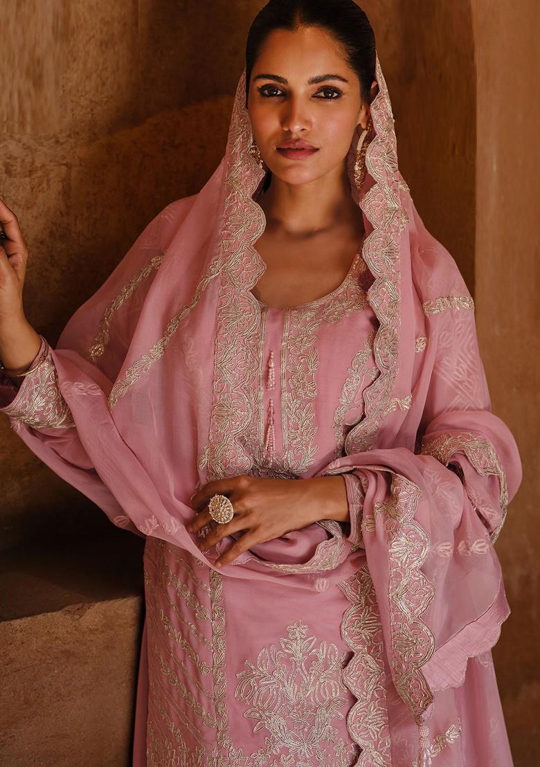 Pink Embroidered Georgette Kurta Set