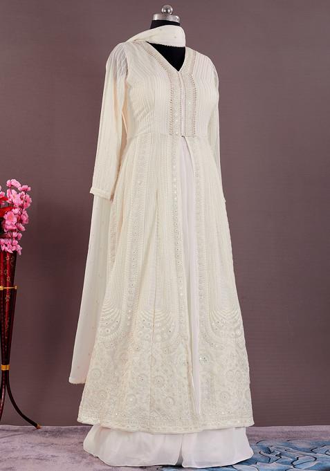 Buy Trending White Embroidered Georgette Kurta Set with Dupatta main image 1