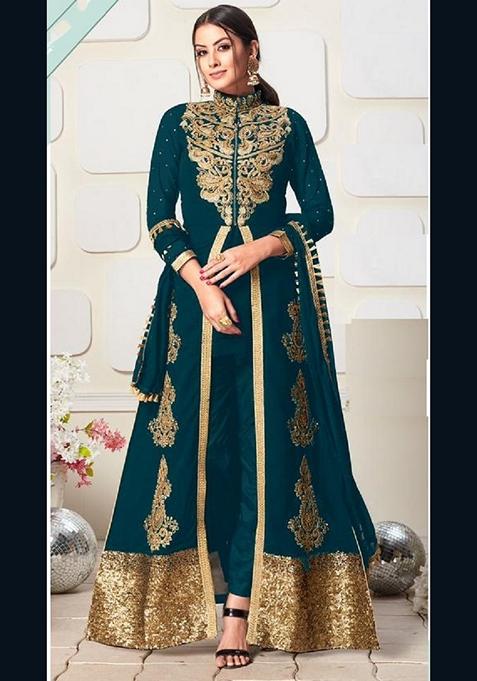 Rama Blue Embroidered Georgette Anarkali Gown Set