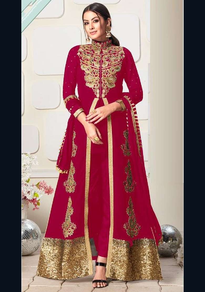 Rani Pink Embroidered Georgette Anarkali Set - Indya